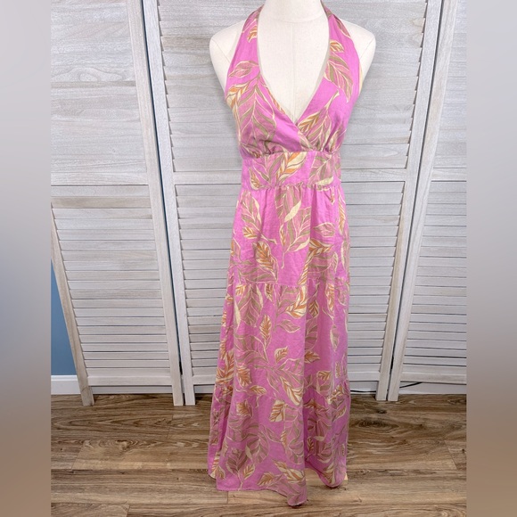GARNET HILL Halter Maxi Dress 100% Linen Pink Tropical Print-6 - Picture 2 of 4